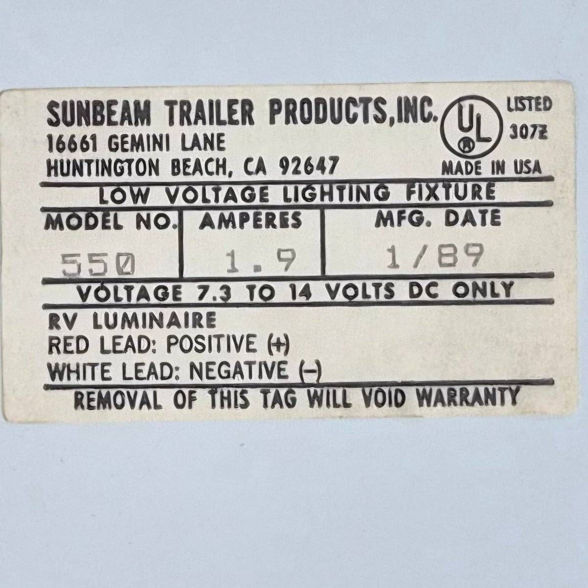 Used RV Luminaire Dual Fluorescent Light Fixture - Model 550