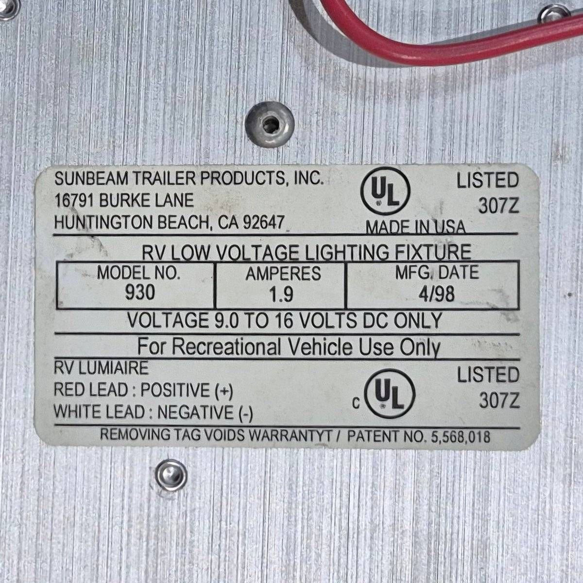 Used RV Luminaire Dual Fluorescent Light Fixture - Model 930