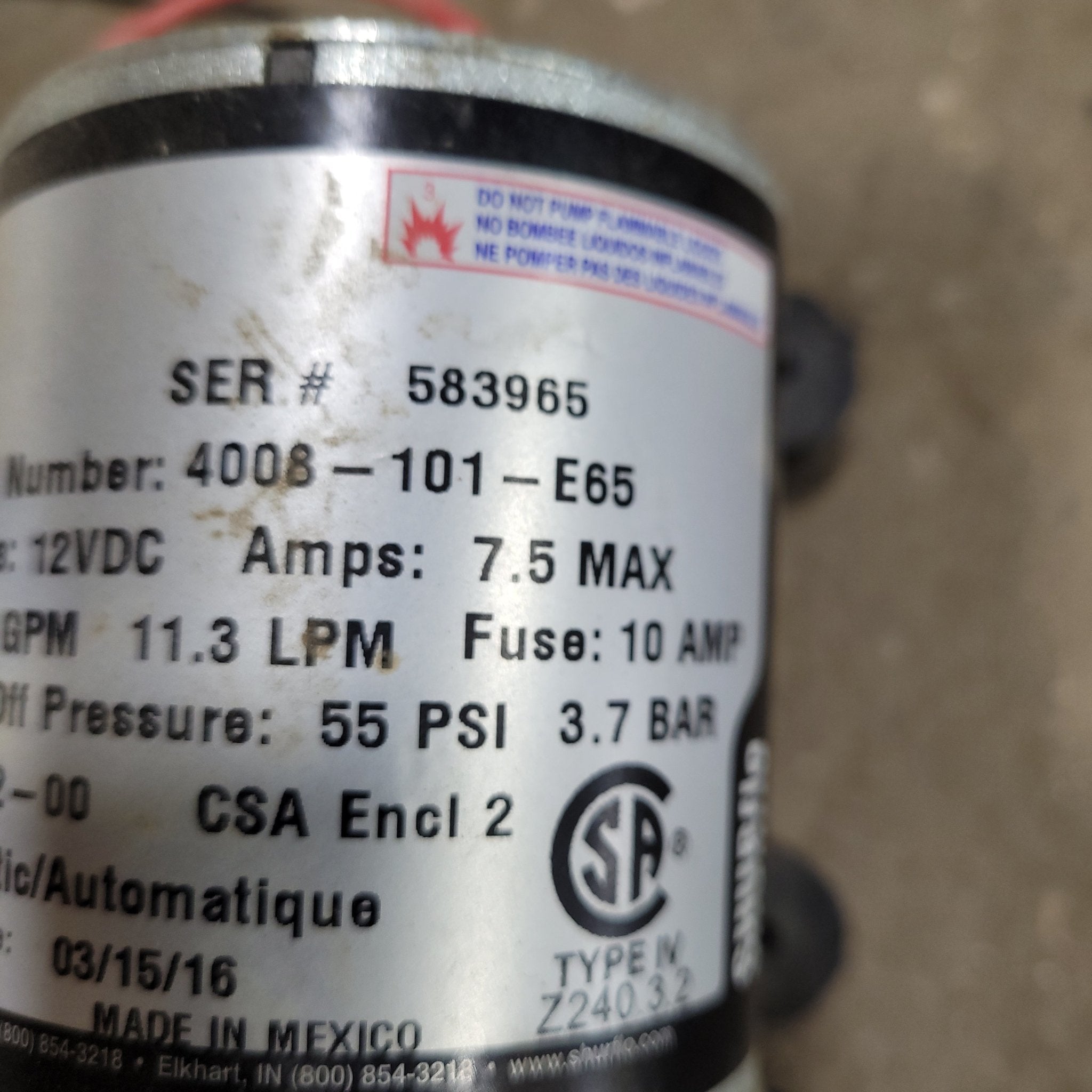 Used SHURflo Water Pump Motor Assembly - 4008-101-E65