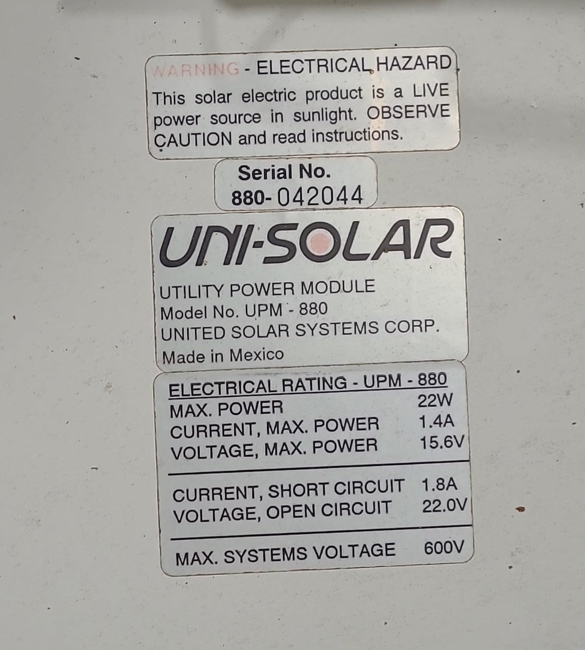 Used Uni-Solar Solar Panel UPM-880 - 22 WATT