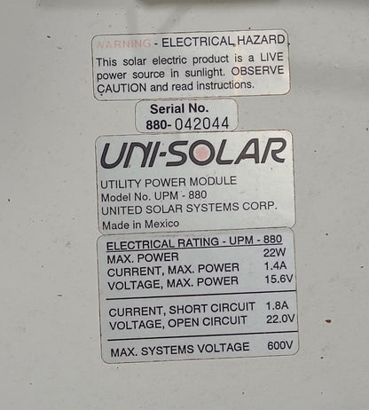 Used Uni-Solar Solar Panel UPM-880 - 22 WATT