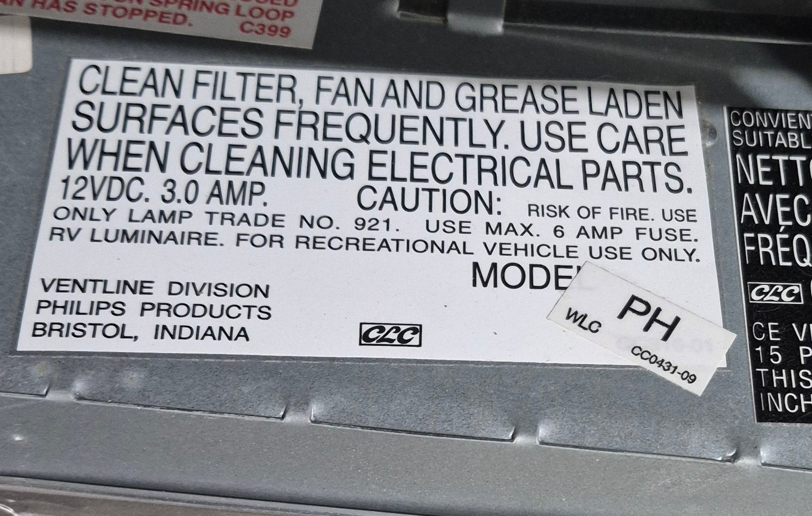 Used Ventline RV Range Hood Fan - CC0431-09
