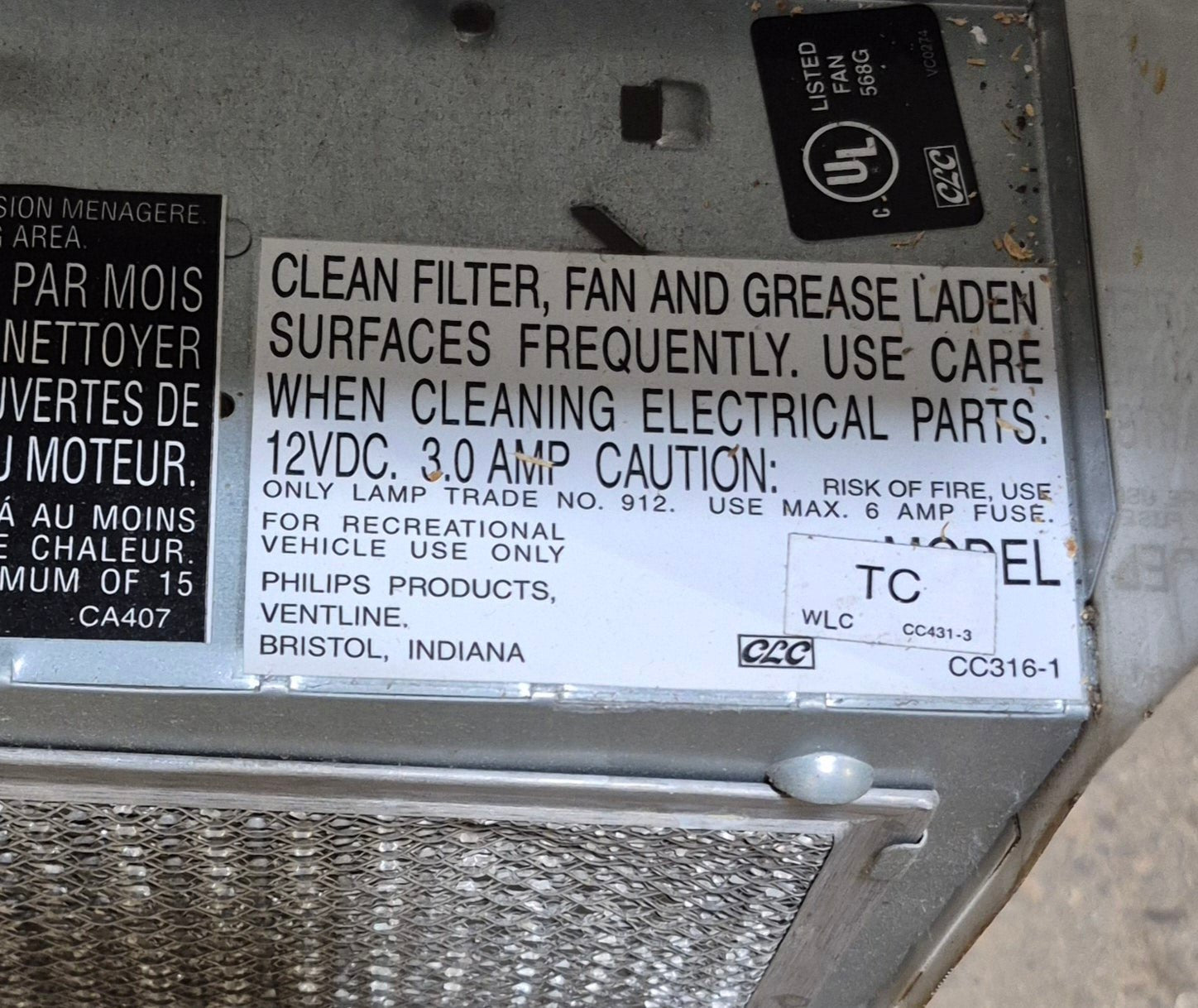 Used Ventline RV Range Hood Fan CC431-3