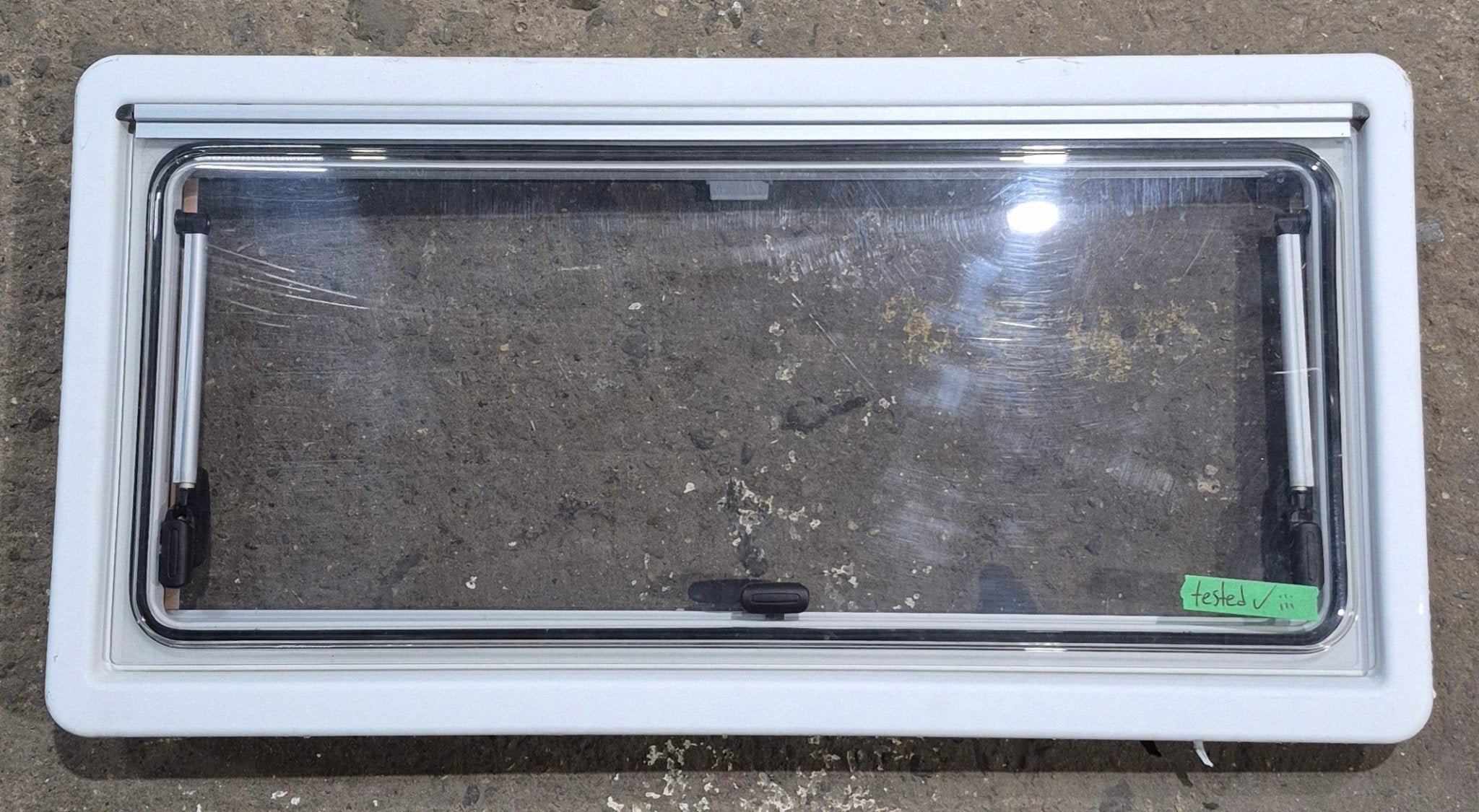 Used White Radius Emergency Opening Window : 34 3/4 W x 16 7/8 H x 1 1/8 D