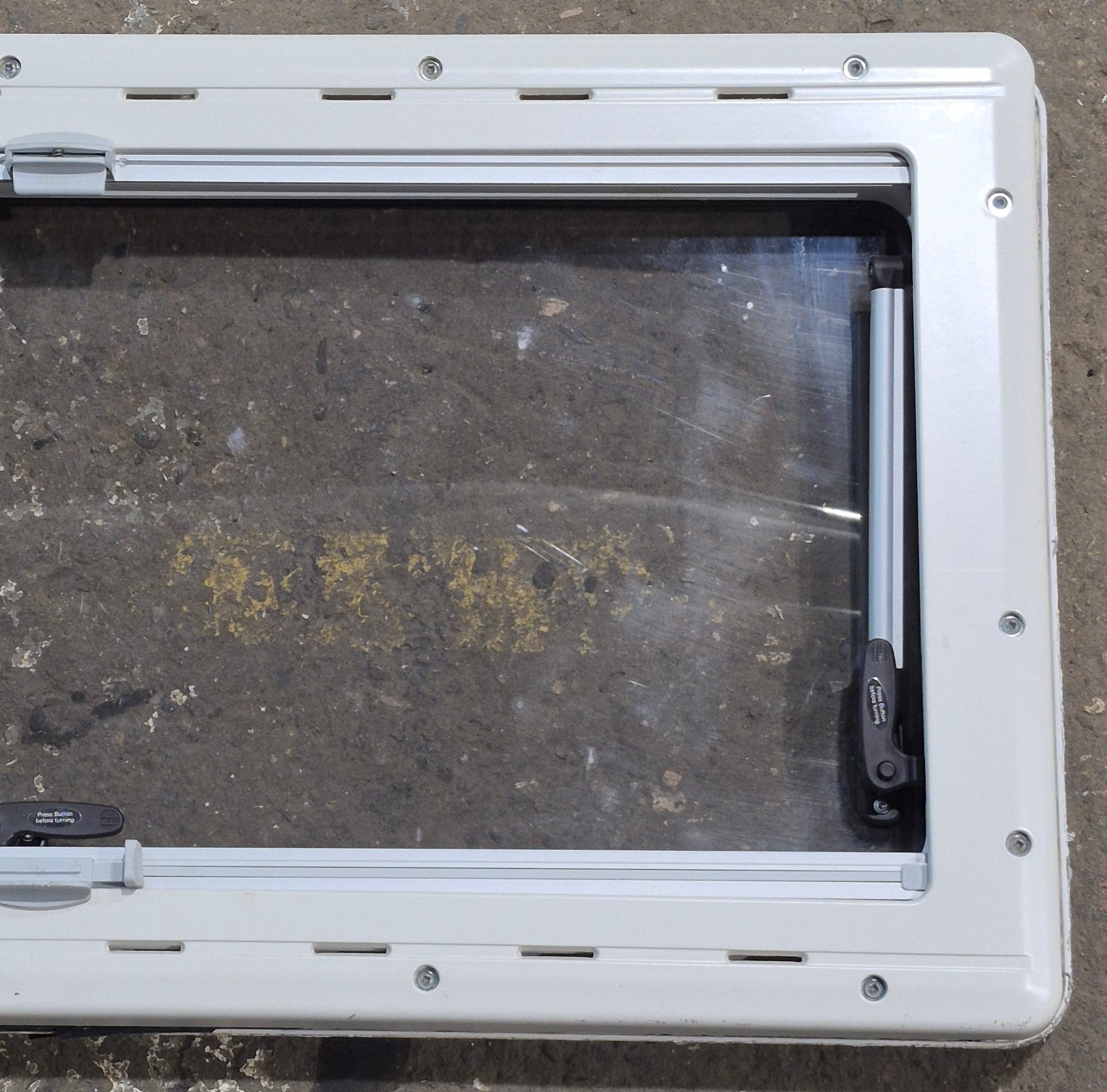 Used White Radius Emergency Opening Window : 34 3/4 W x 16 7/8 H x 1 1/8 D