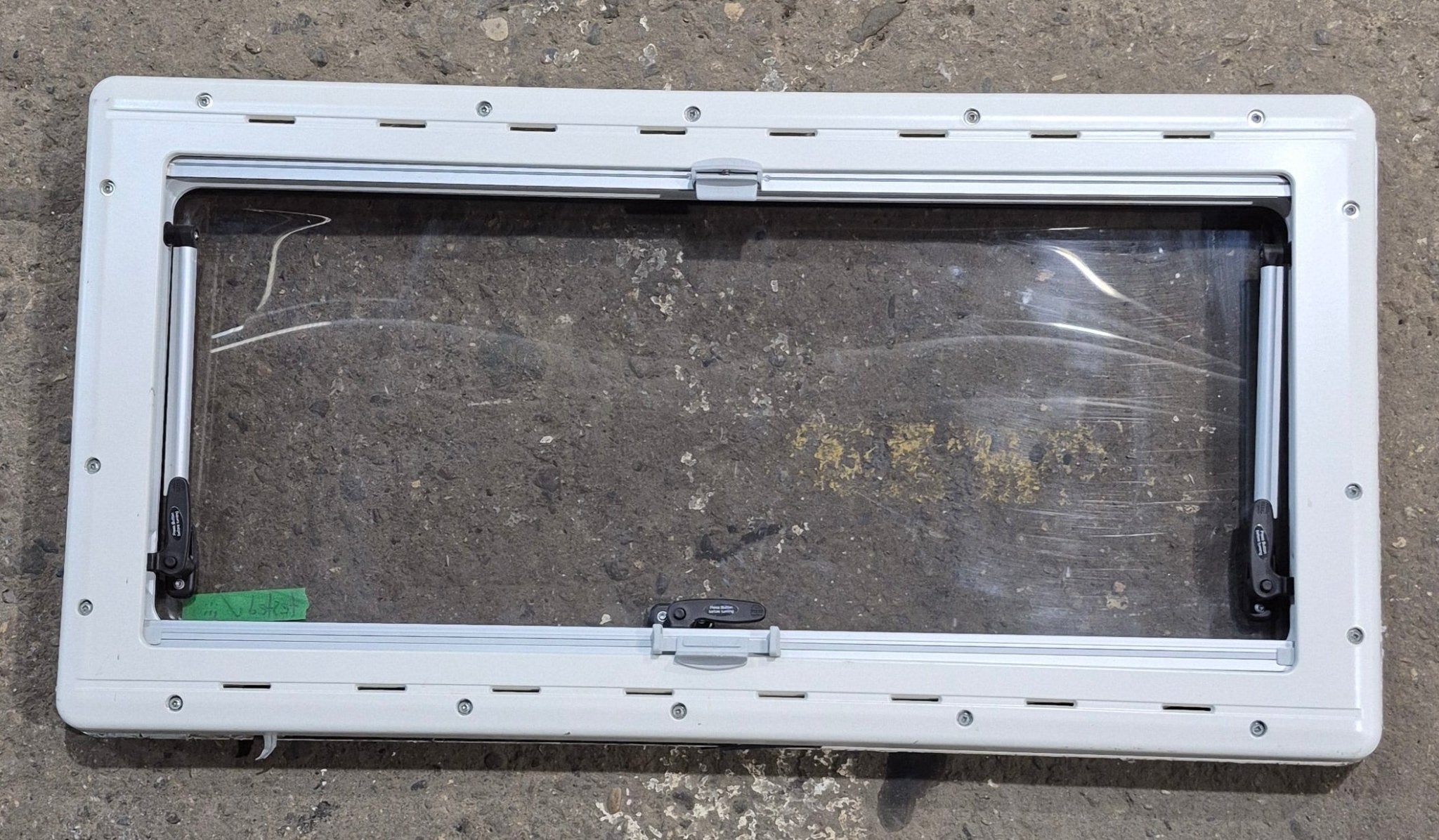 Used White Radius Emergency Opening Window : 34 3/4 W x 16 7/8 H x 1 1/8 D