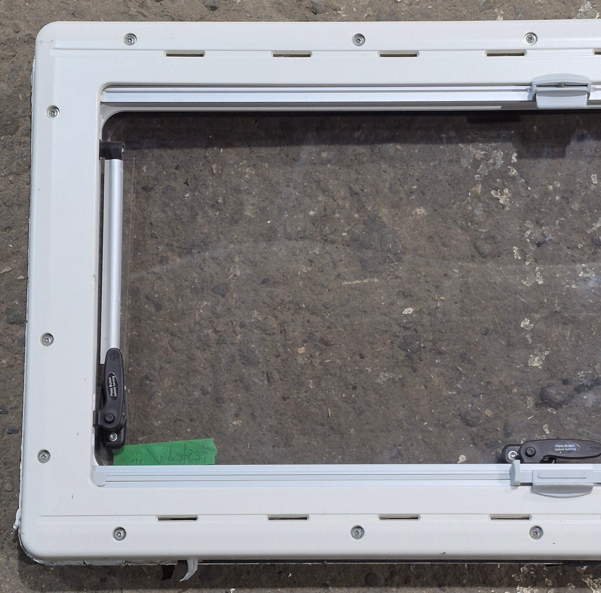 Used White Radius Emergency Opening Window : 34 3/4 W x 16 7/8 H x 1 1/8 D