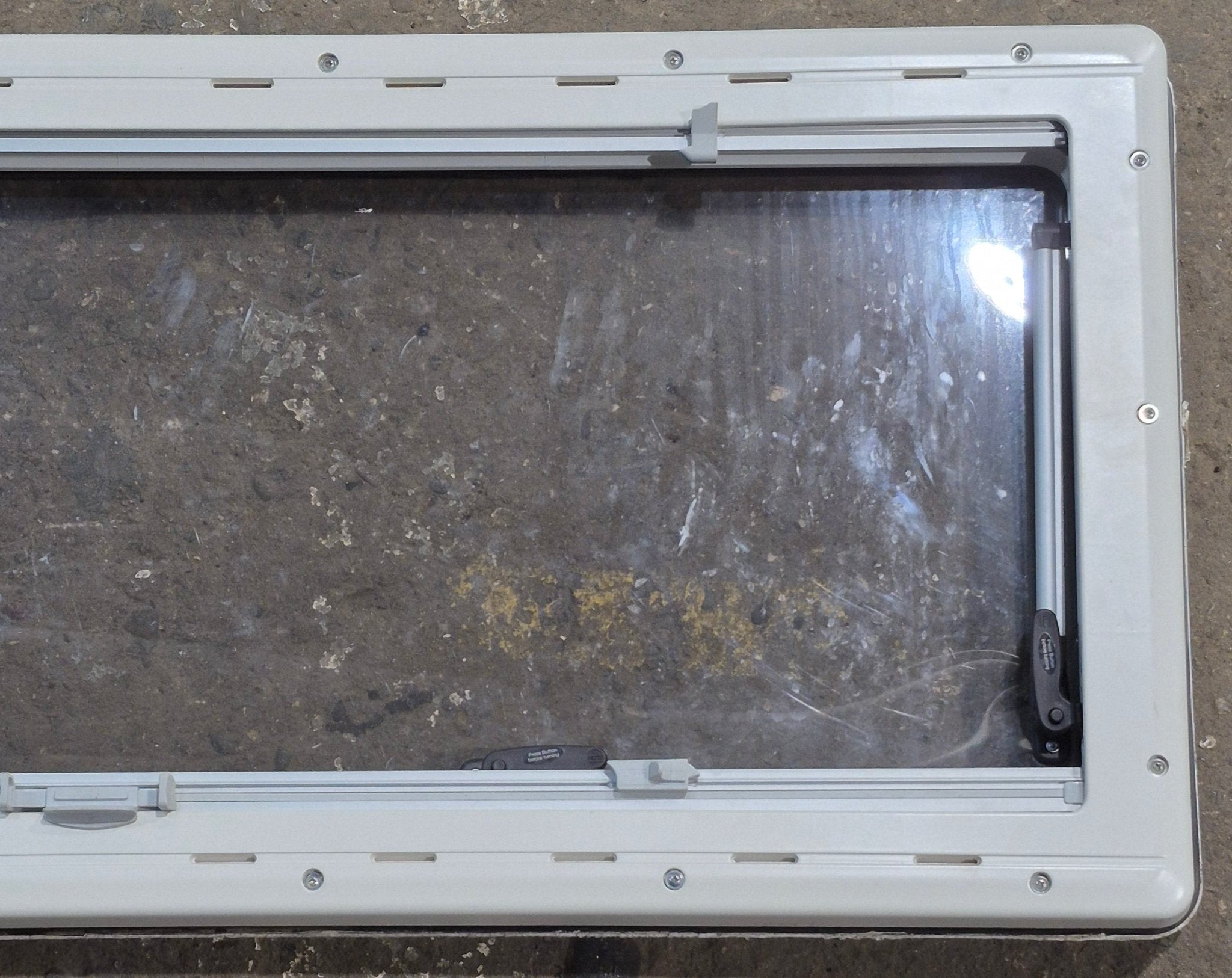 Used White Radius Emergency Opening Window : 46 5/8 W x 18 3/4 H x 1 1/8 D