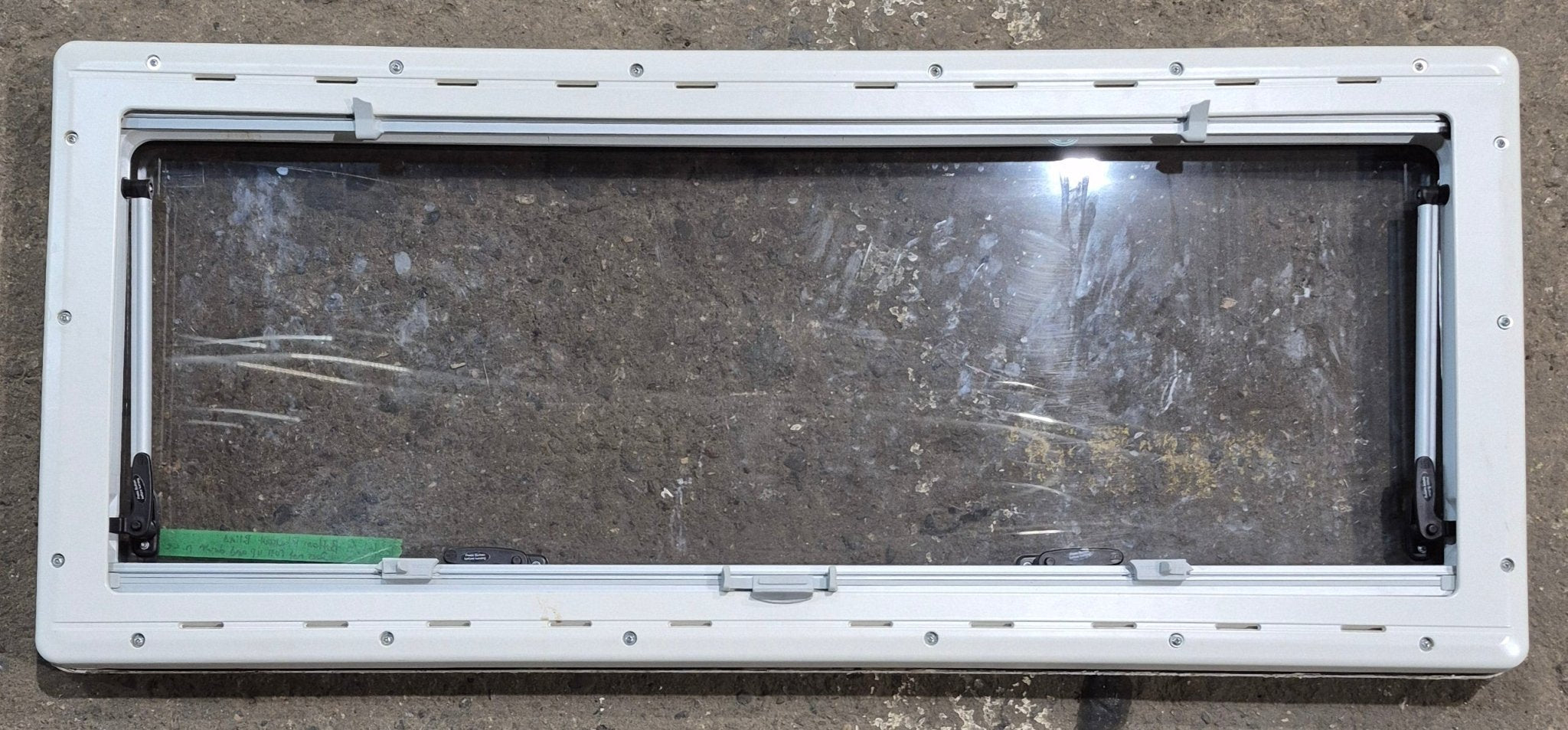 Used White Radius Emergency Opening Window : 46 5/8 W x 18 3/4 H x 1 1/8 D