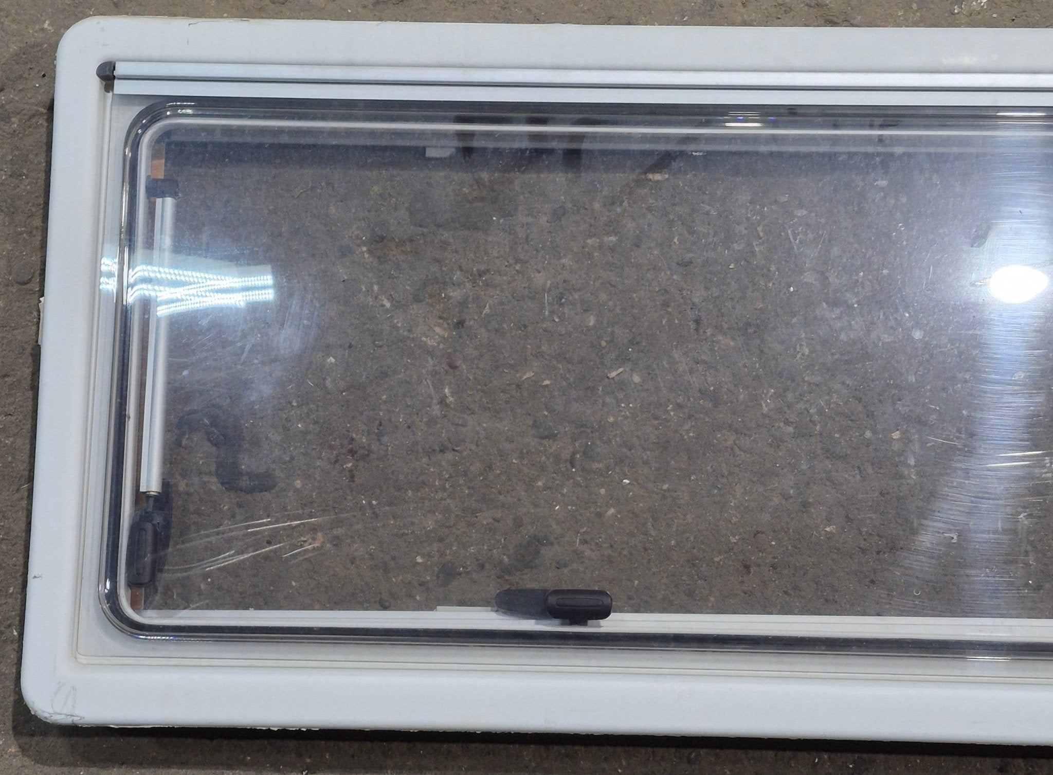 Used White Radius Emergency Opening Window : 46 5/8 W x 18 3/4 H x 1 1/8 D