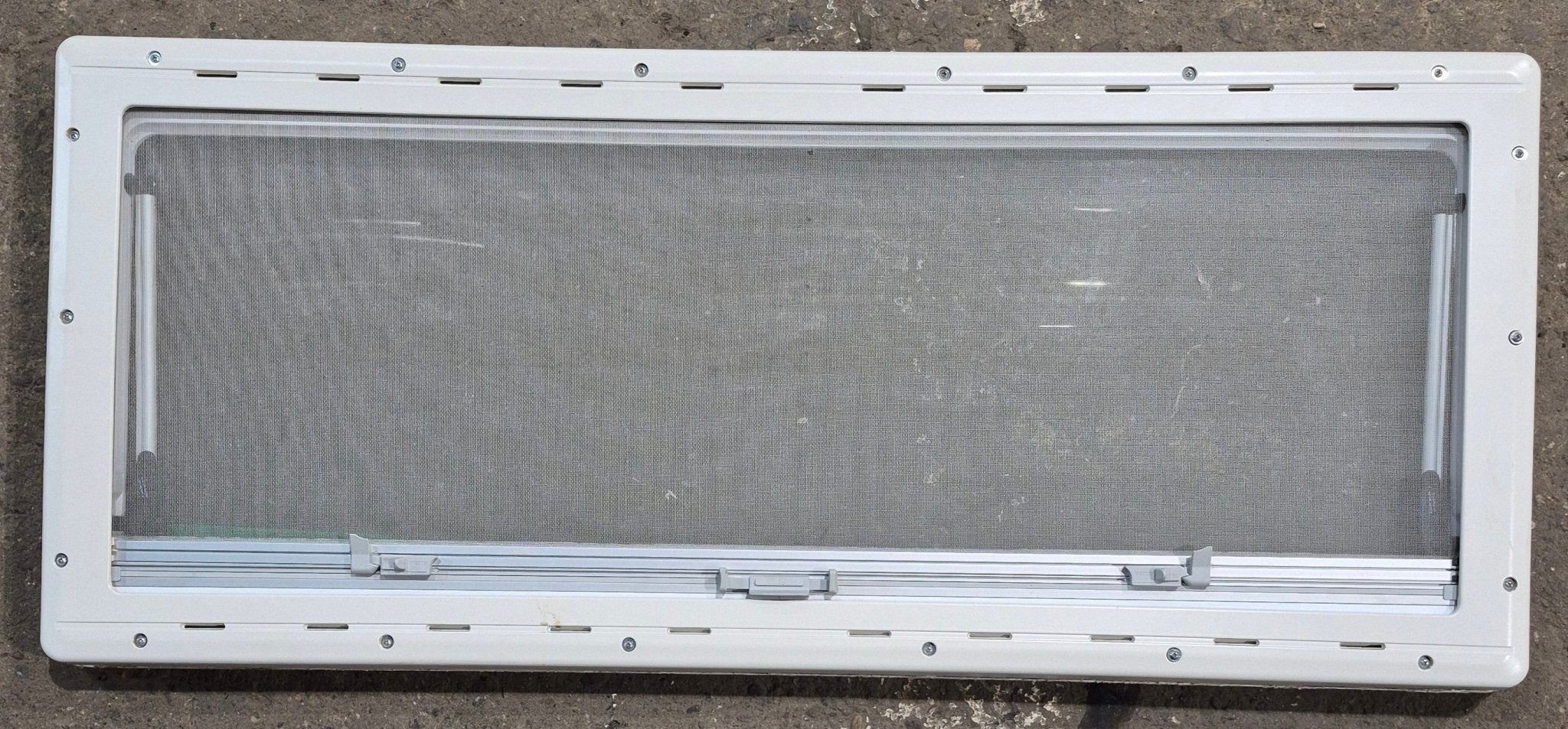 Used White Radius Emergency Opening Window : 46 5/8 W x 18 3/4 H x 1 1/8 D